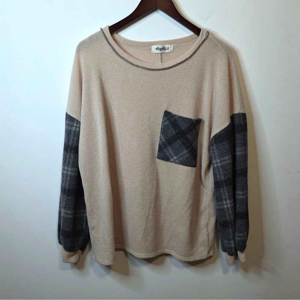 Haptics Tan Gray Plaid Waffle Knit Top Boho Fall Autumn Size 1X